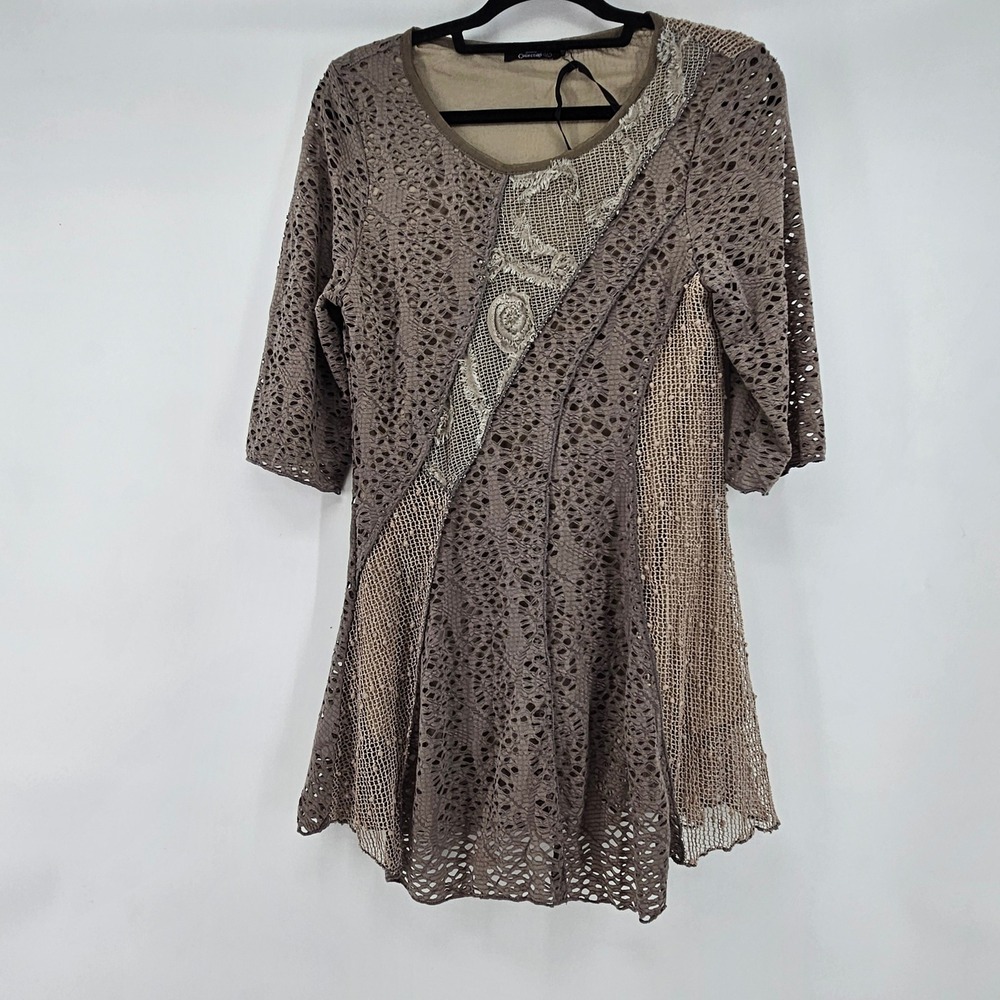 Woodland Fairy Gruge Taupe‎ Lace Mesh Patchwork Tunic Top Blouse M Earthy Boho